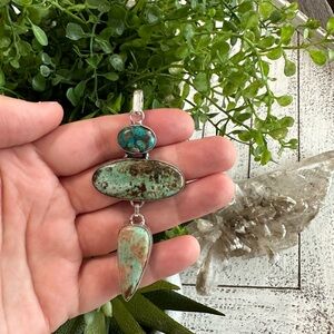 Blue Green Copper Chrysocolla Turquoise like Sterling Silver plated pendant